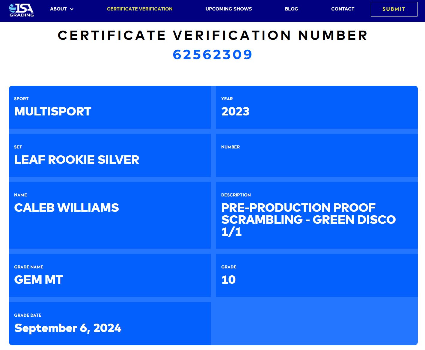 Caleb Williams 2023 Leaf Rookie Silver Disco Green Pre-Production Proof #NNO #1/1 RC (ISA 10)