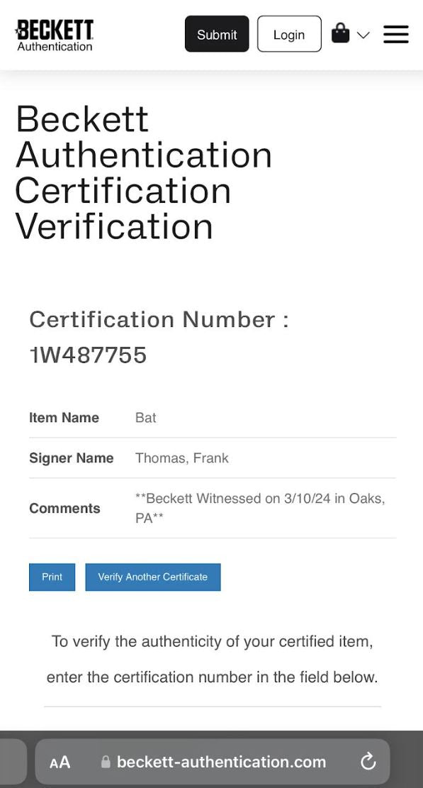 Frank Thomas Signed Rawlings Baseball Bat (Beckett)