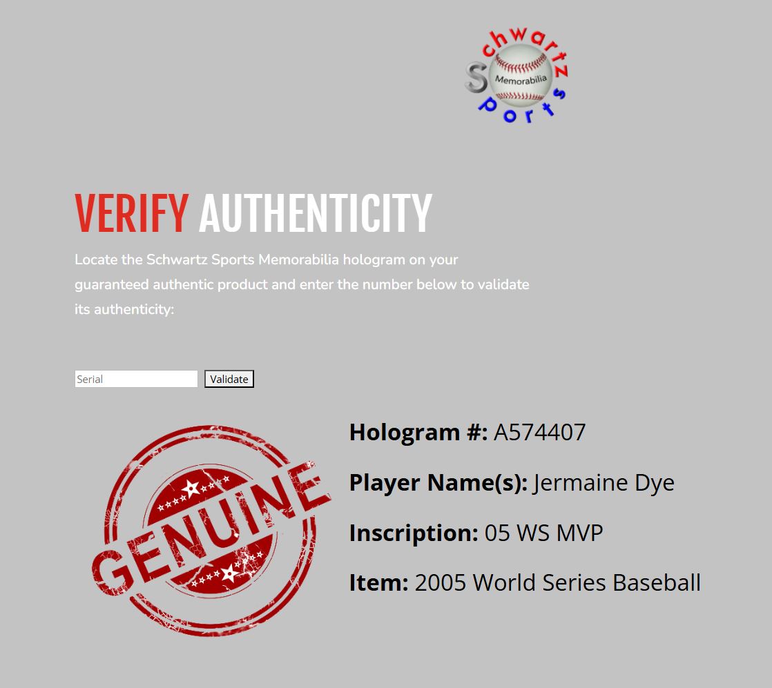 Jermaine Dye Signed 2005 World Series Baseball Inscribed "05 WS MVP" (Schwartz)