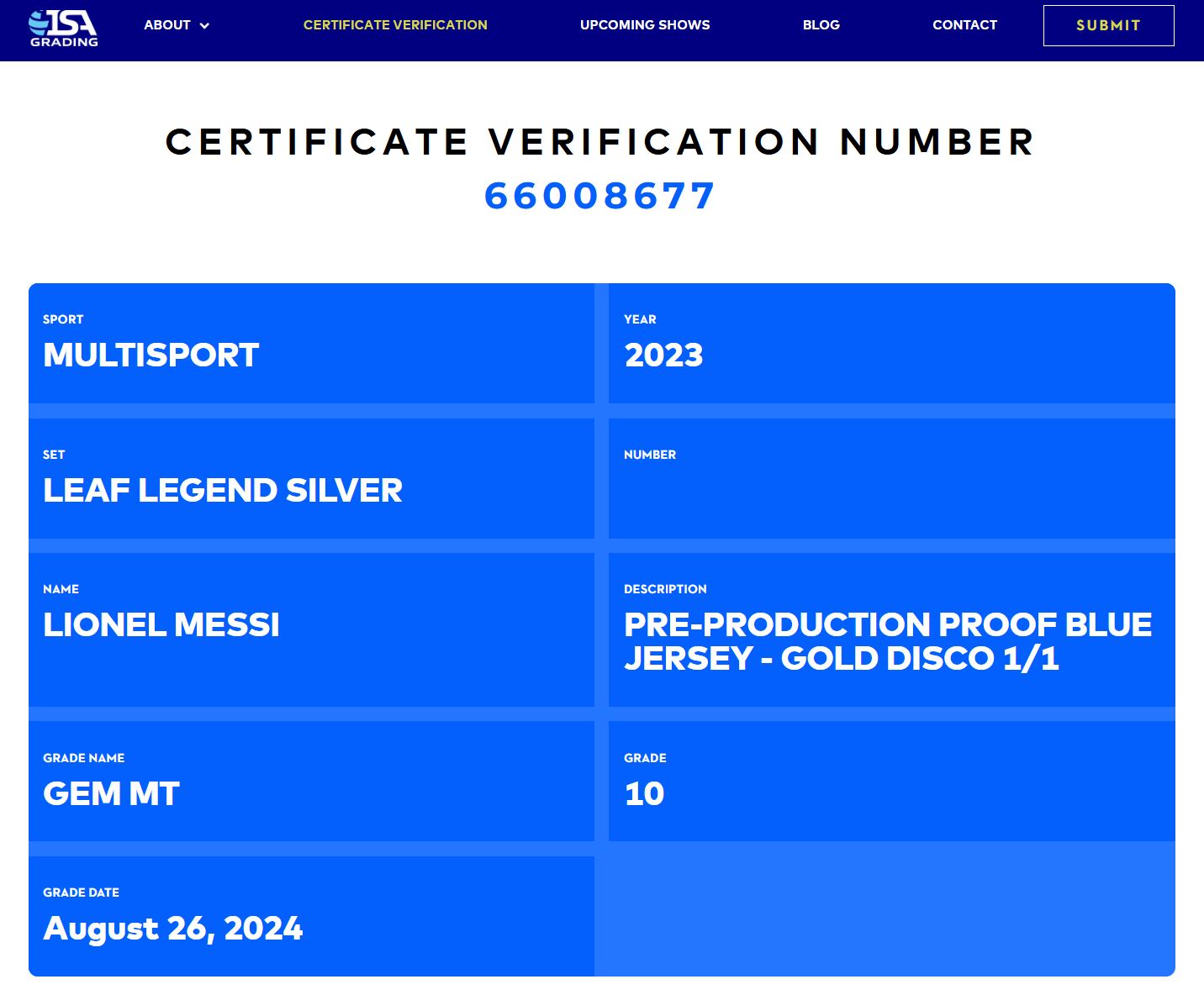 Lionel Messi 2023 Leaf Legend Silver Disco Gold Pre-Production Proof #NNO #1/1 (ISA 10)