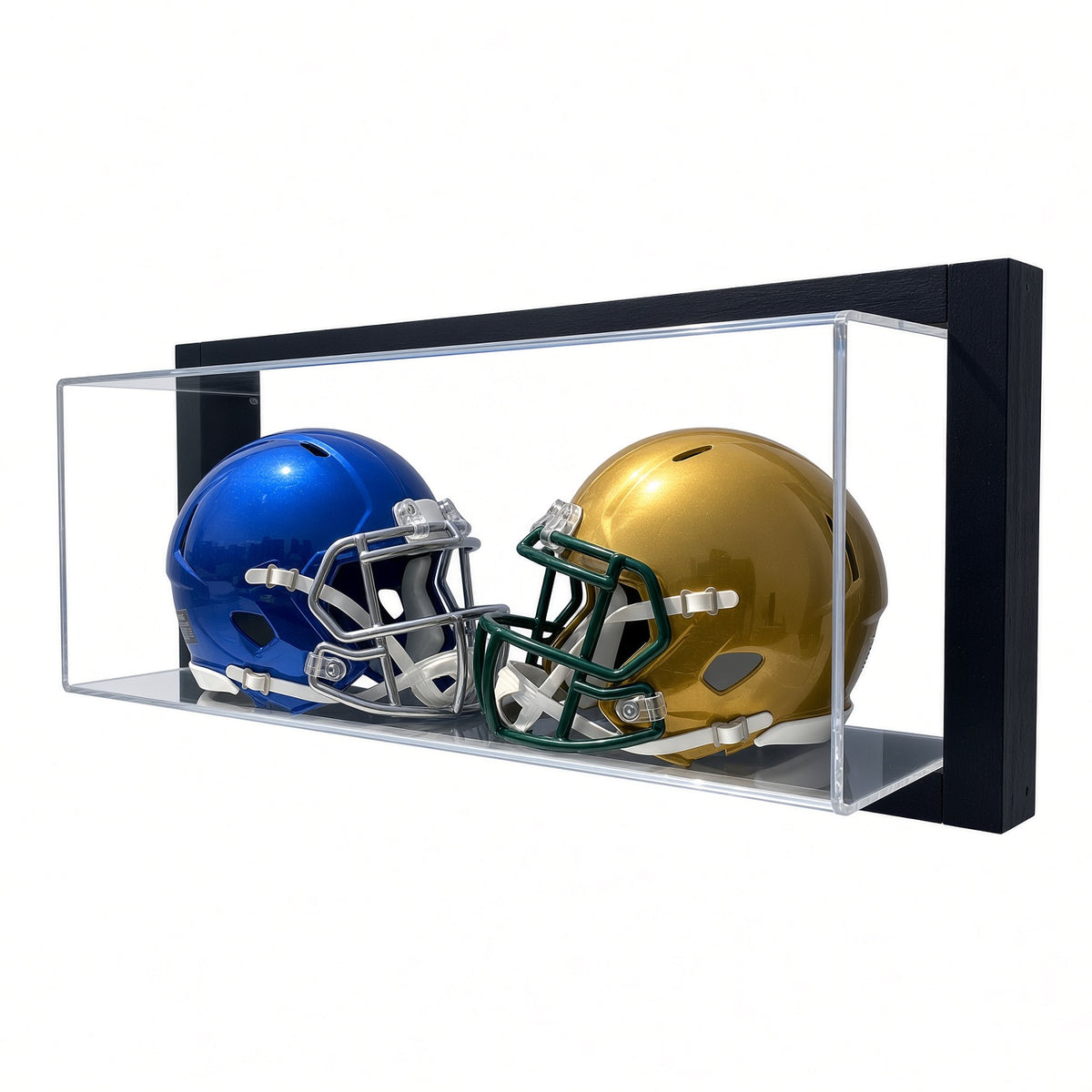 Front view of the framed double mini helmet case with a blue and a gold helmet