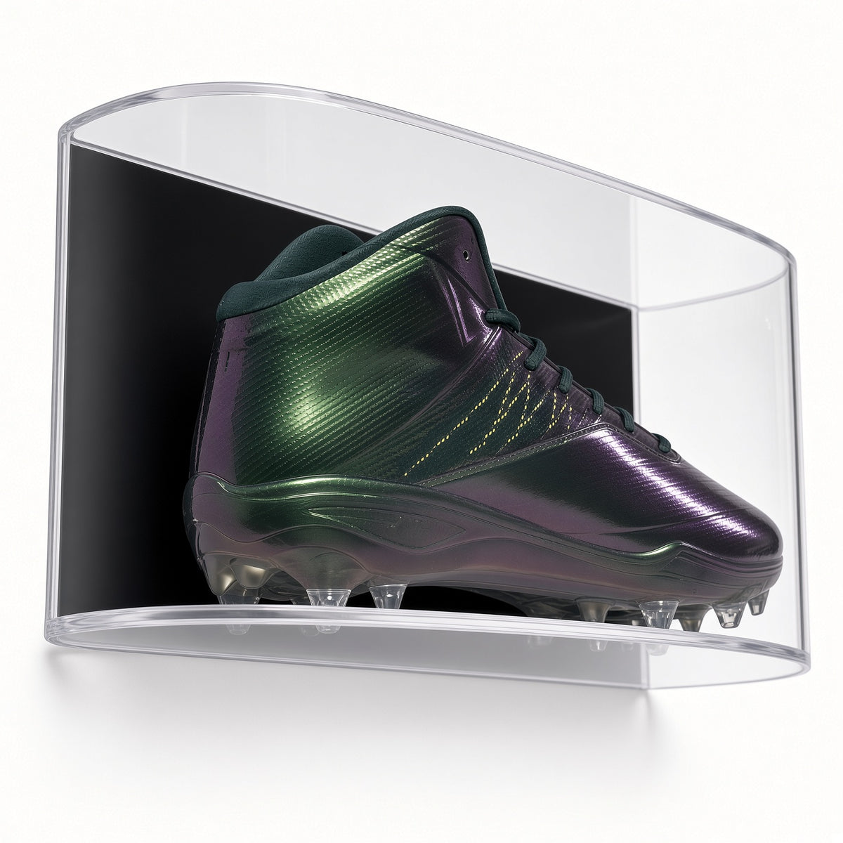 Angled view of a cleat in the curved large shoe display case