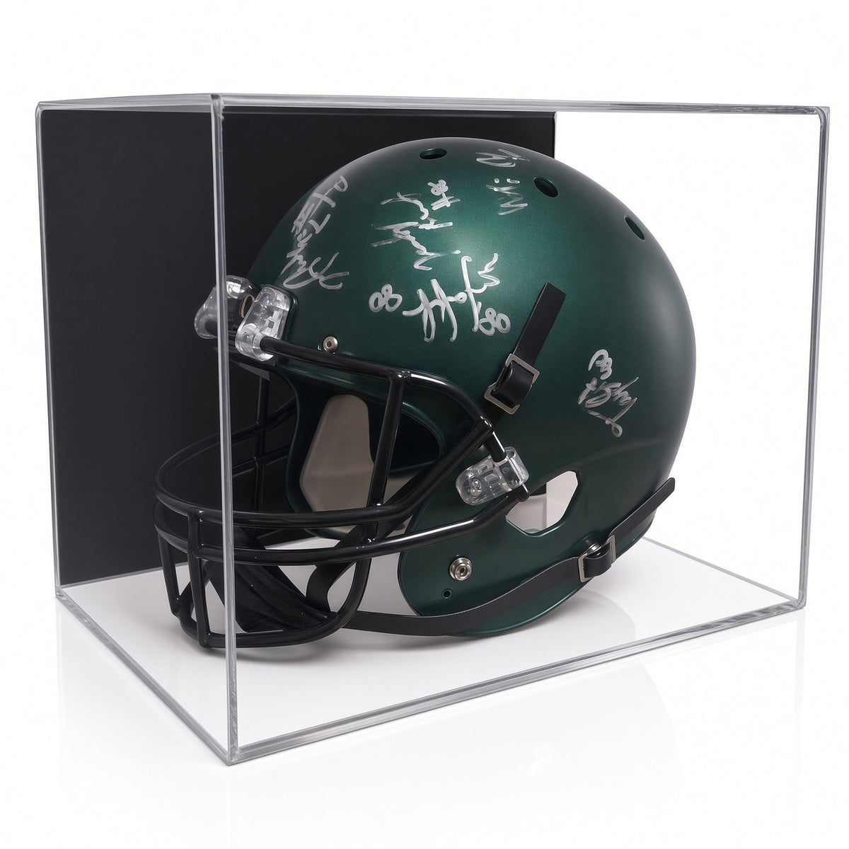 Angled view of a signed green football helmet in the wall mount case