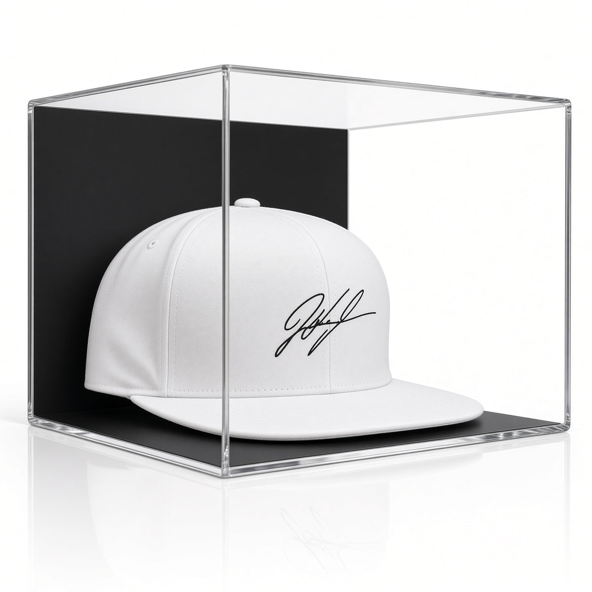 Close front view of the signed cap in the wall mount case