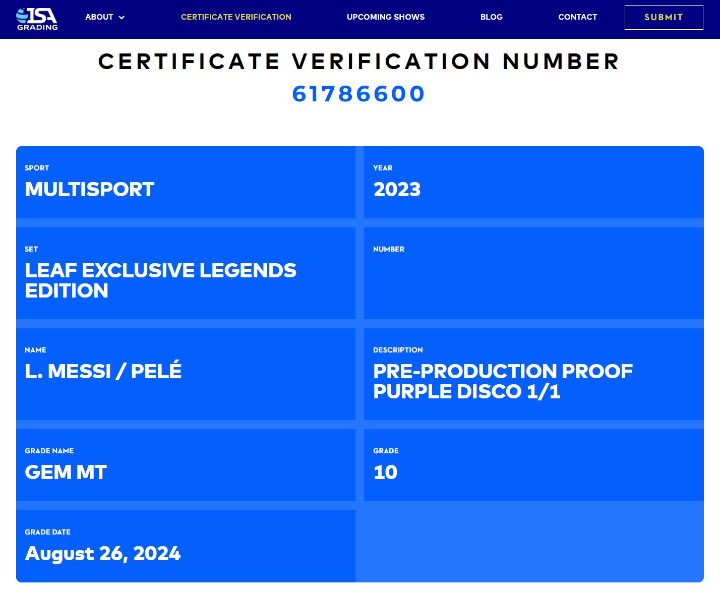 Pele / Lionel Messi 2023 Leaf Exclusive Legends Edition Disco Purple Pre-Production Proof #NNO #1/1 (ISA 10)