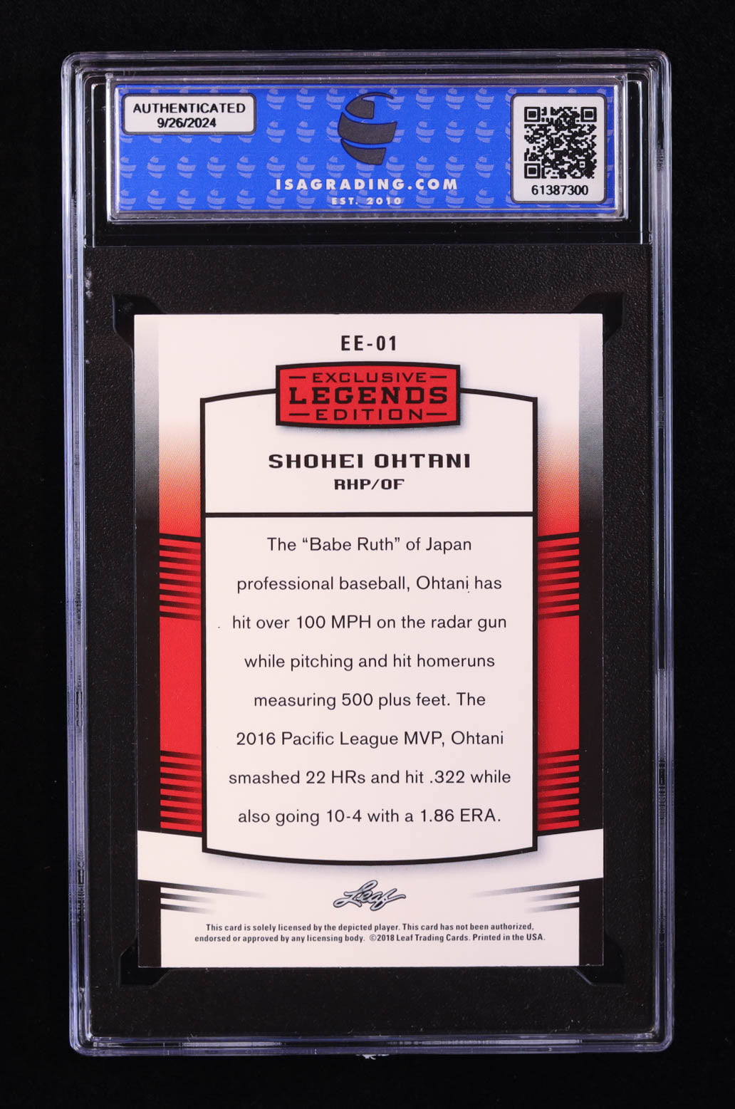 Shohei Ohtani 2018 Leaf Ohtani Legends Exclusive Edition #EE01 RC (ISA 10)