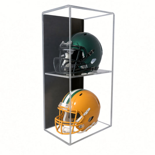 Vertical acrylic wall mount case holding two mini football helmets stacked on a center shelf