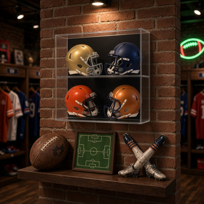 4 mini helmet case on a brick wall above a shelf with a football