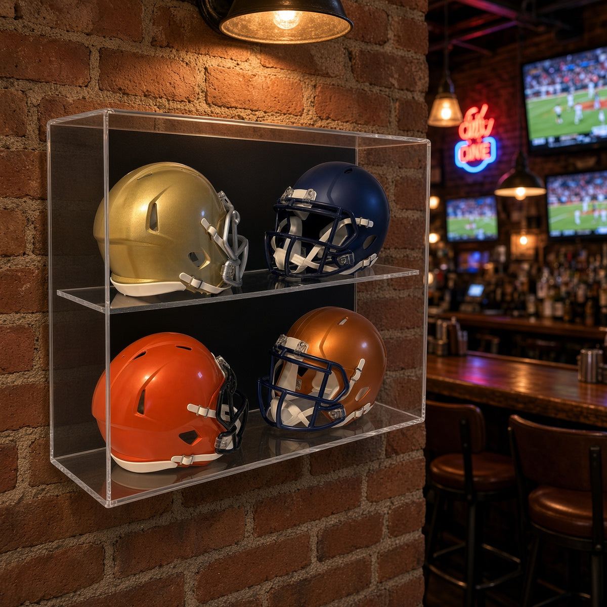 4 mini helmet case on a brick wall in a sports bar