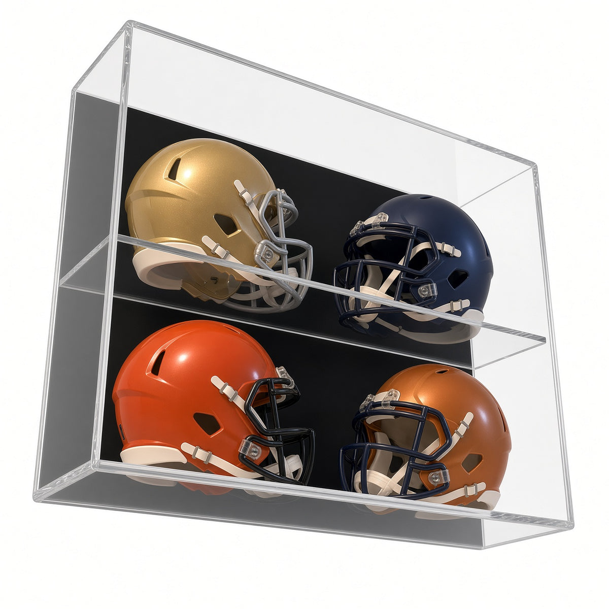 Angled view of four mini helmets in the wall mount case