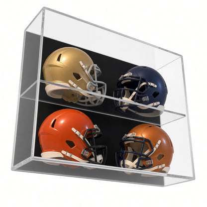 Angled view of four mini helmets in the wall mount case