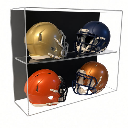 Acrylic wall mount case with a black back holding four mini football helmets on two shelves