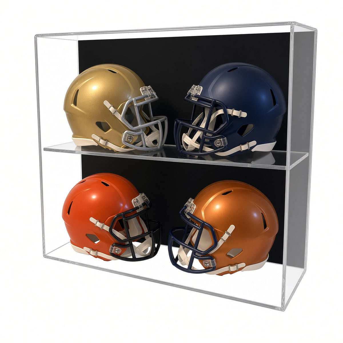 Front view of four mini helmets displayed two over two