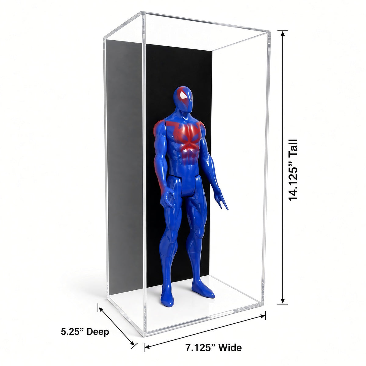 Action figure case with 14.125 inch height, 7.125 inch width and 5.25 inch depth marked