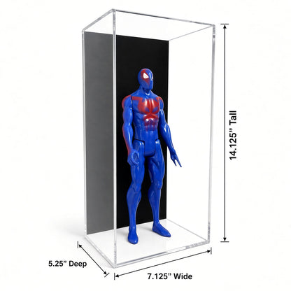 Action figure case with 14.125 inch height, 7.125 inch width and 5.25 inch depth marked
