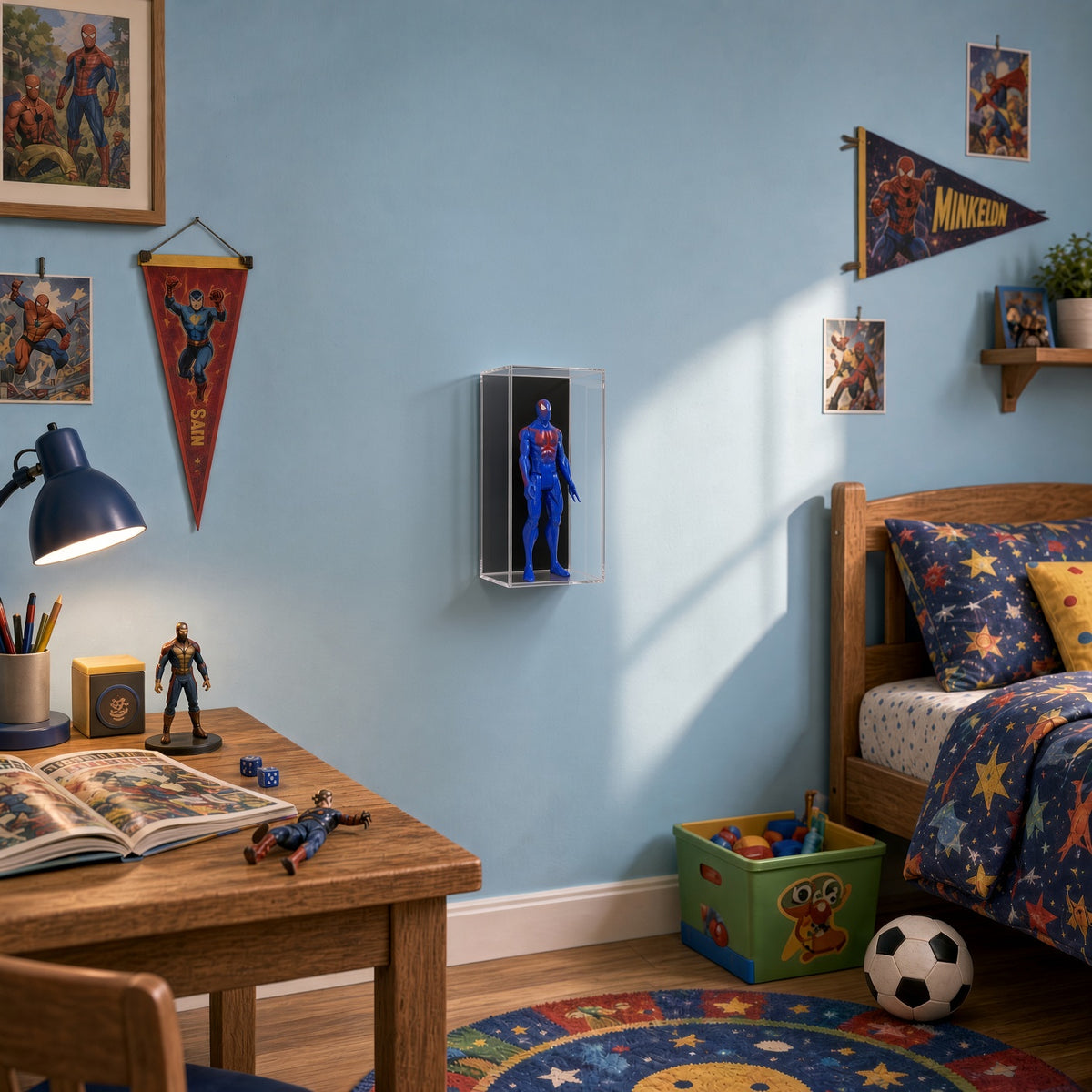 Action figure case on a light blue wall in a kid's bedroom