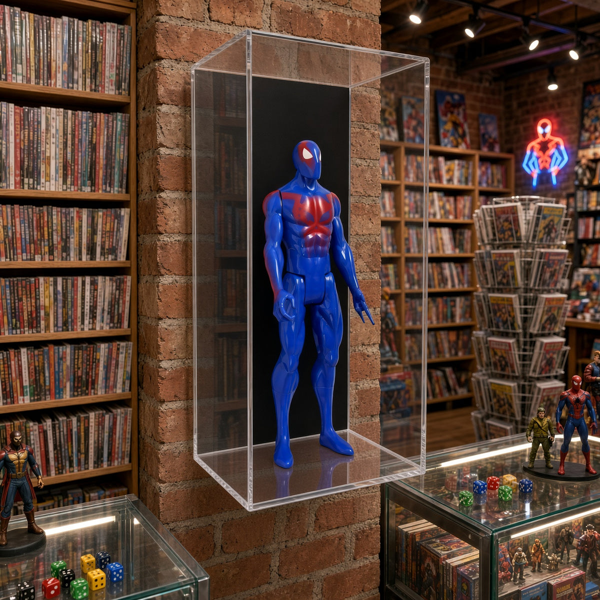 Action figure case on a brick wall in a collector room with shelves of comics