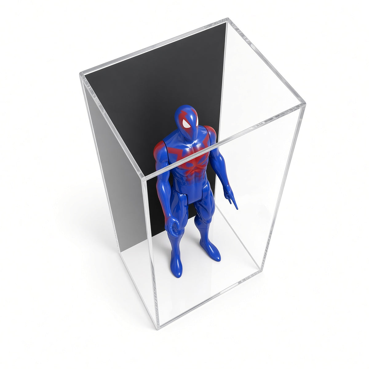 Angled view of a blue action figure in the wall mount case