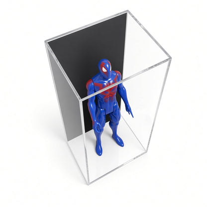 Angled view of a blue action figure in the wall mount case