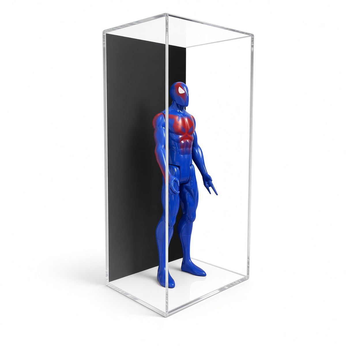 Side view of the action figure display case with figure inside
