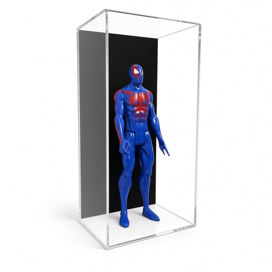 Acrylic wall mount case with a black back holding one 12 inch action figure