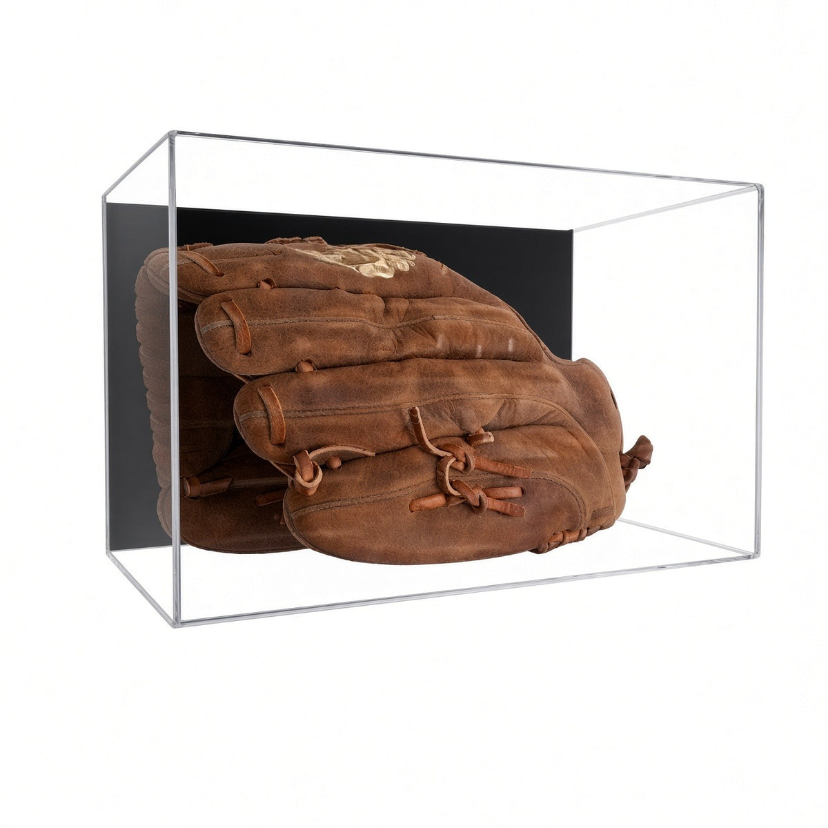 Acrylic wall mount case with a black back holding a brown baseball glove
