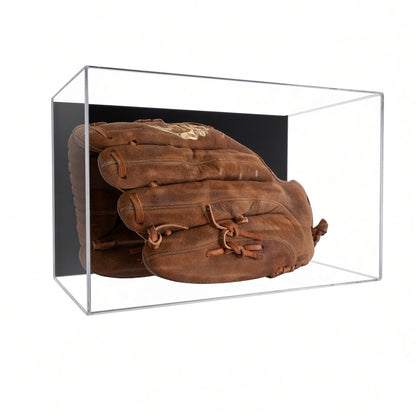 Acrylic wall mount case with a black back holding a brown baseball glove