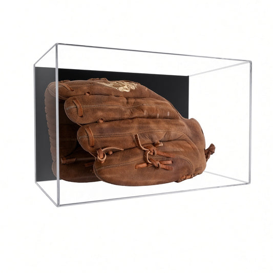 Acrylic wall mount case with a black back holding a brown baseball glove
