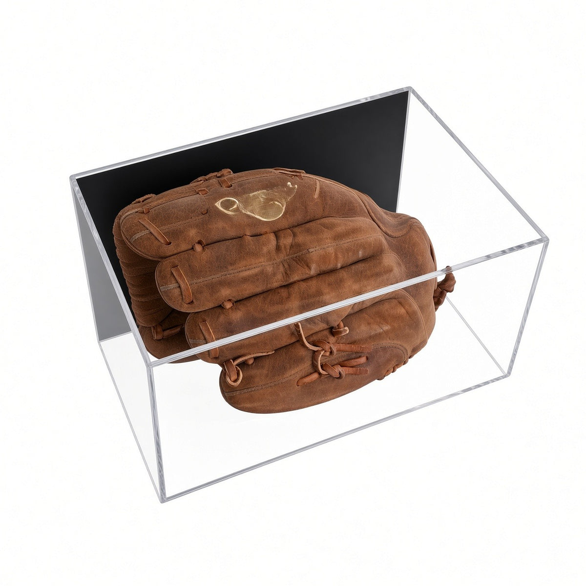 Angled view of a baseball glove in the wall mount case