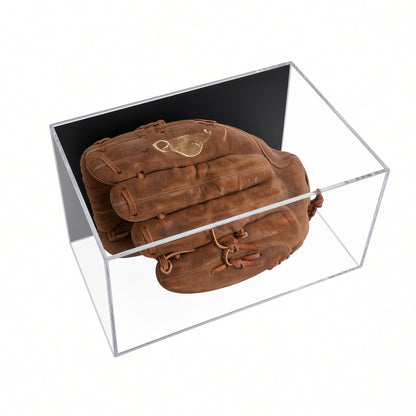 Angled view of a baseball glove in the wall mount case