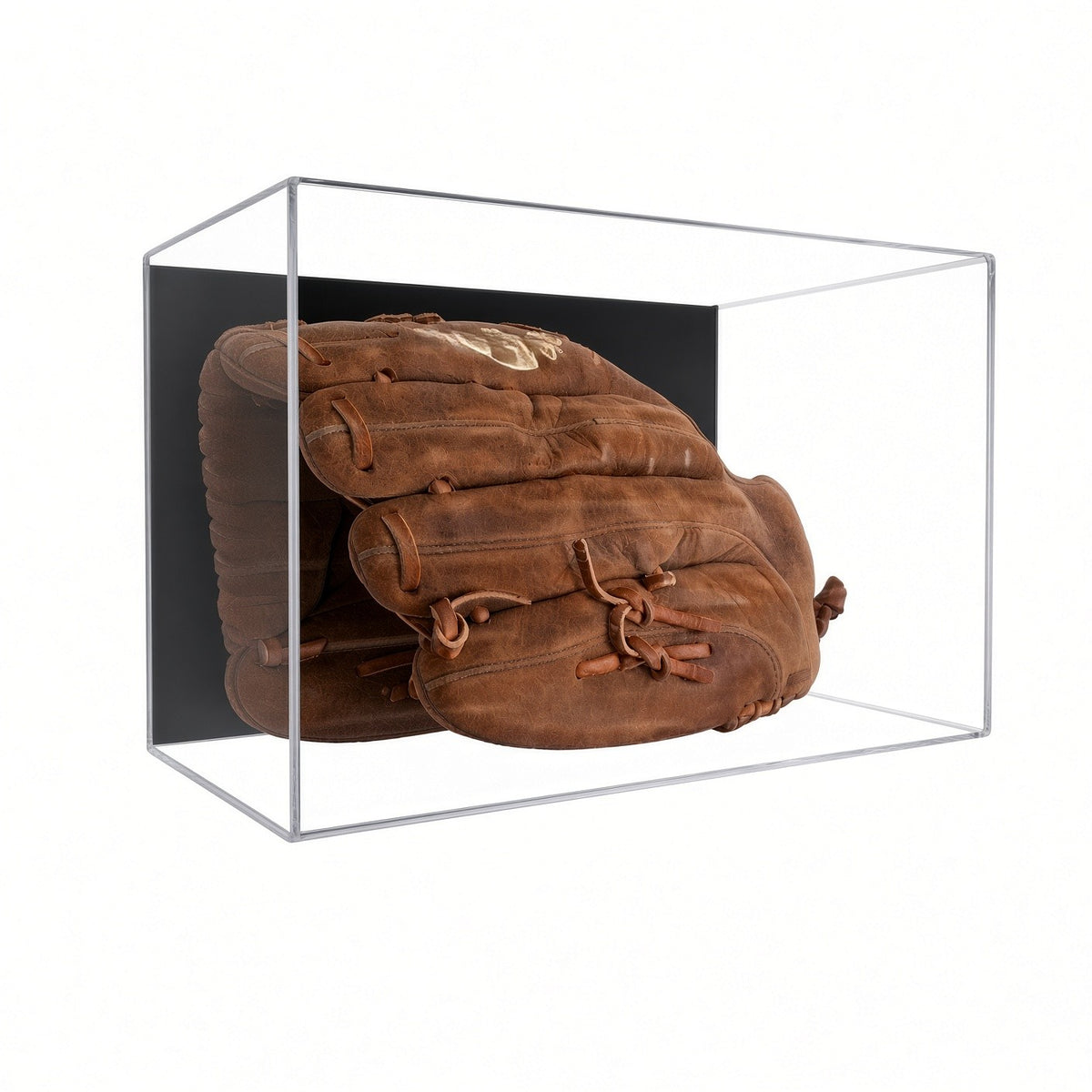 Front view of a brown baseball glove in the case