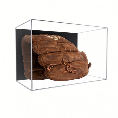 Front view of a brown baseball glove in the case