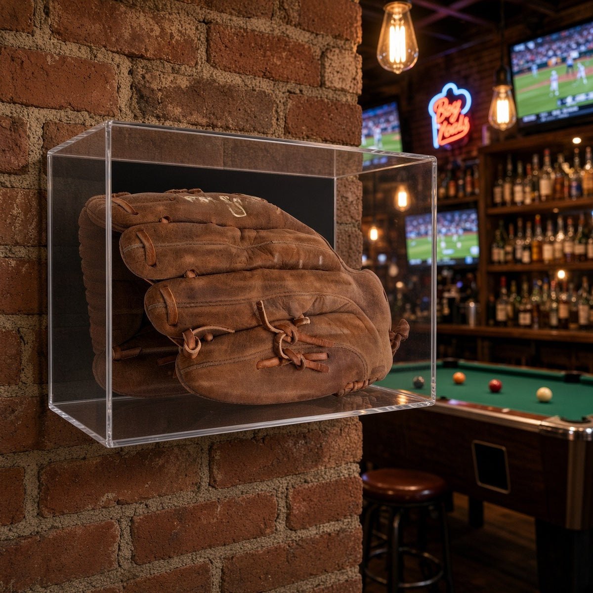 Baseball glove case on a brick wall in a sports bar