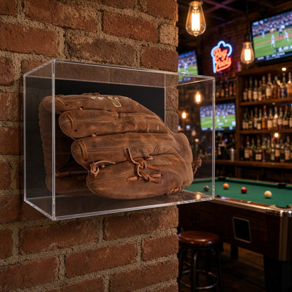 Baseball glove case on a brick wall in a sports bar