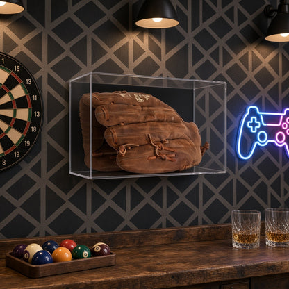 Baseball glove case on a patterned wall in a game room with a neon sign