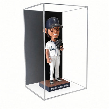 Acrylic wall mount case with a black back holding a baseball player bobblehead