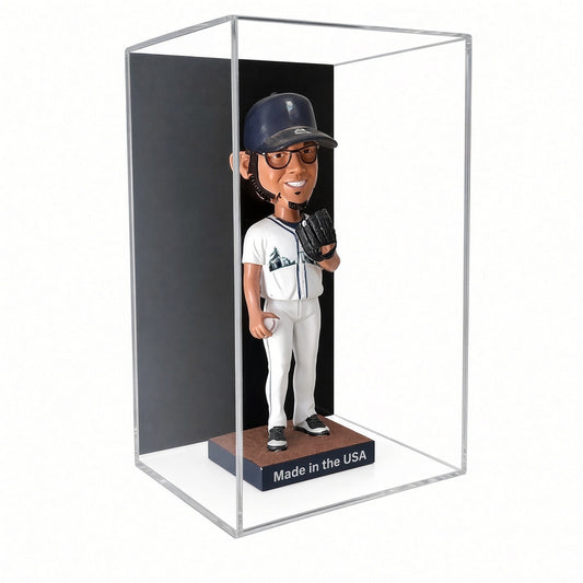 Acrylic wall mount case with a black back holding a baseball player bobblehead