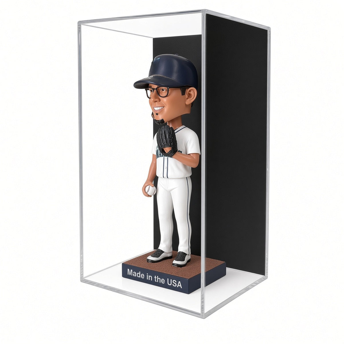 Front view of a bobblehead inside the wall mount case