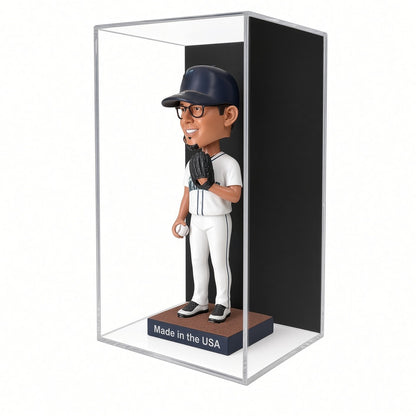 Front view of a bobblehead inside the wall mount case