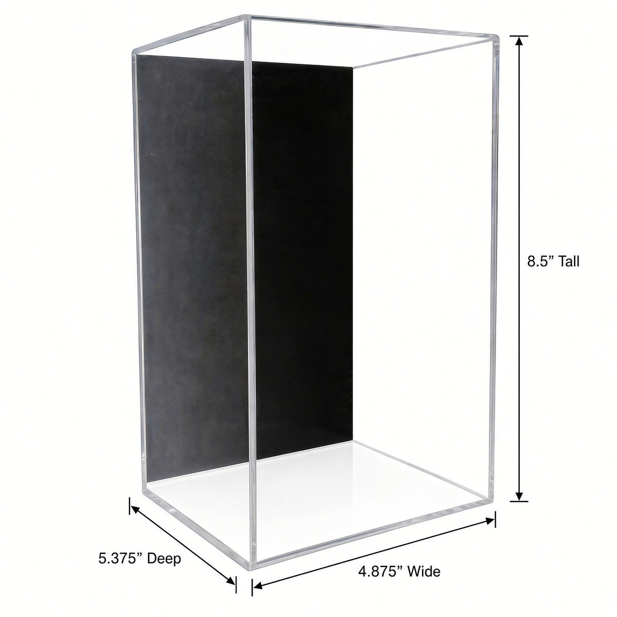 Empty bobblehead case with 8.5 inch height, 4.875 inch width and 5.375 inch depth marked