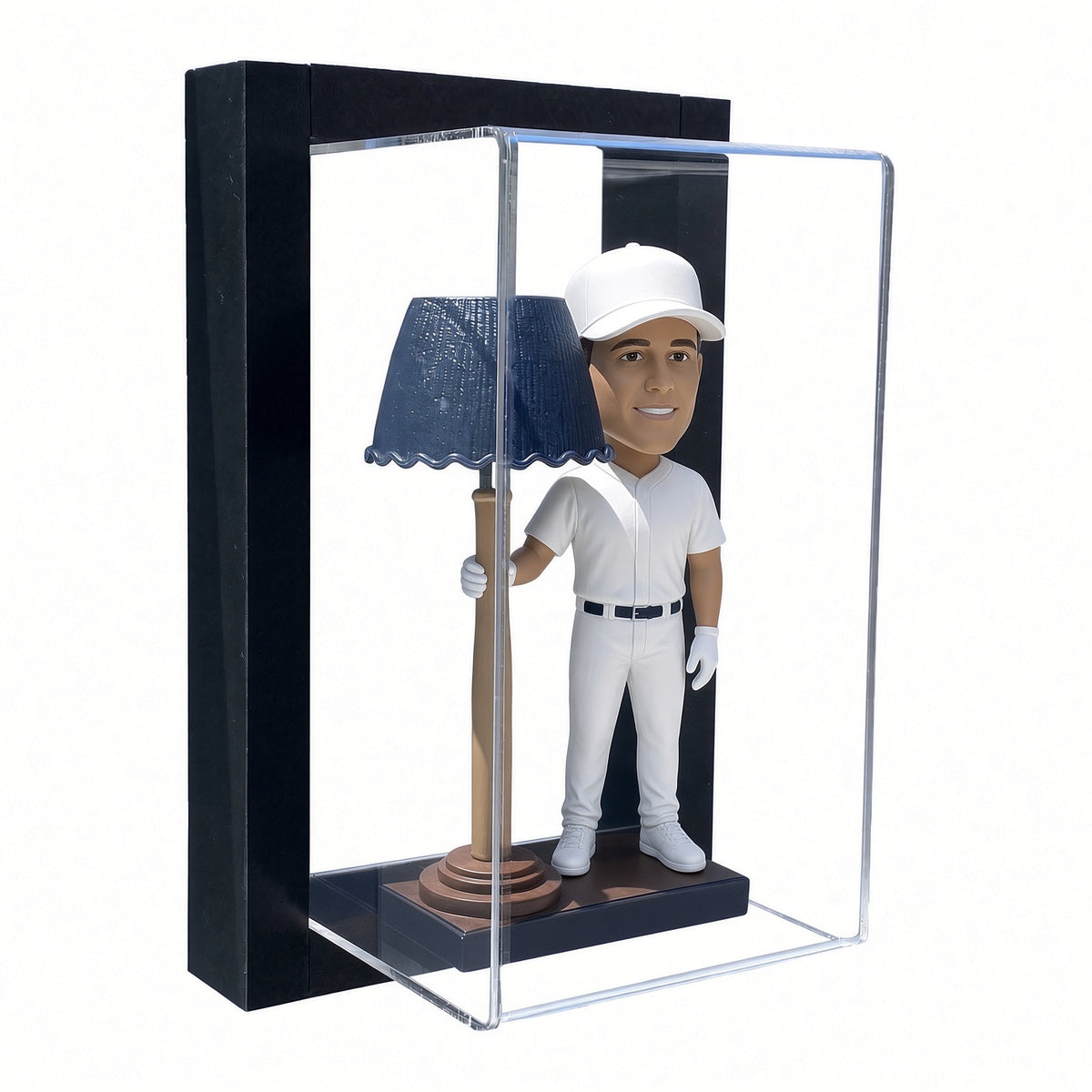 Black-framed acrylic wall mount bobblehead display case with a baseball bobblehead inside