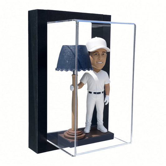 Black-framed acrylic wall mount bobblehead display case with a baseball bobblehead inside