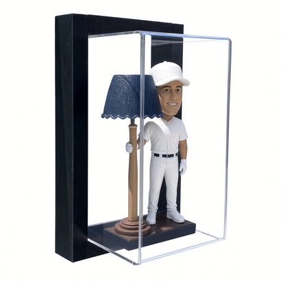 Front view of a baseball player bobblehead inside the framed case
