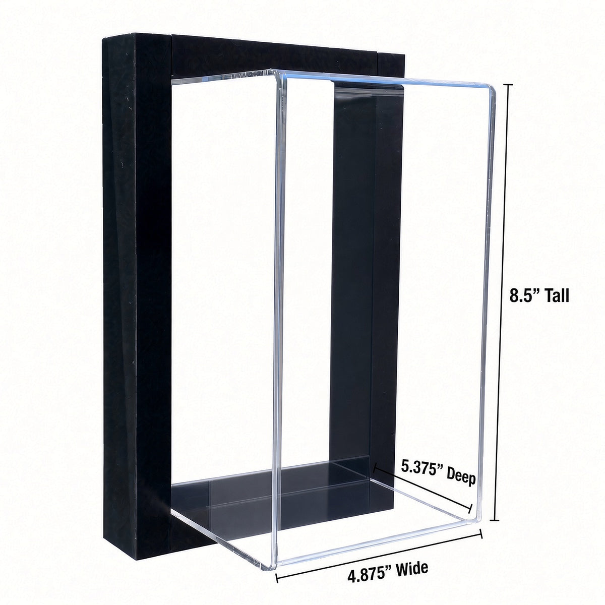Empty framed bobblehead case with height, depth and width measurements marked