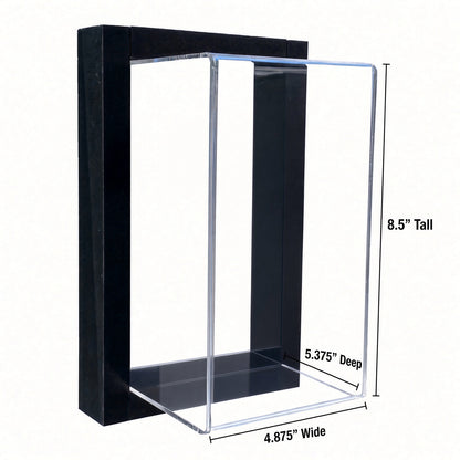 Empty framed bobblehead case with height, depth and width measurements marked