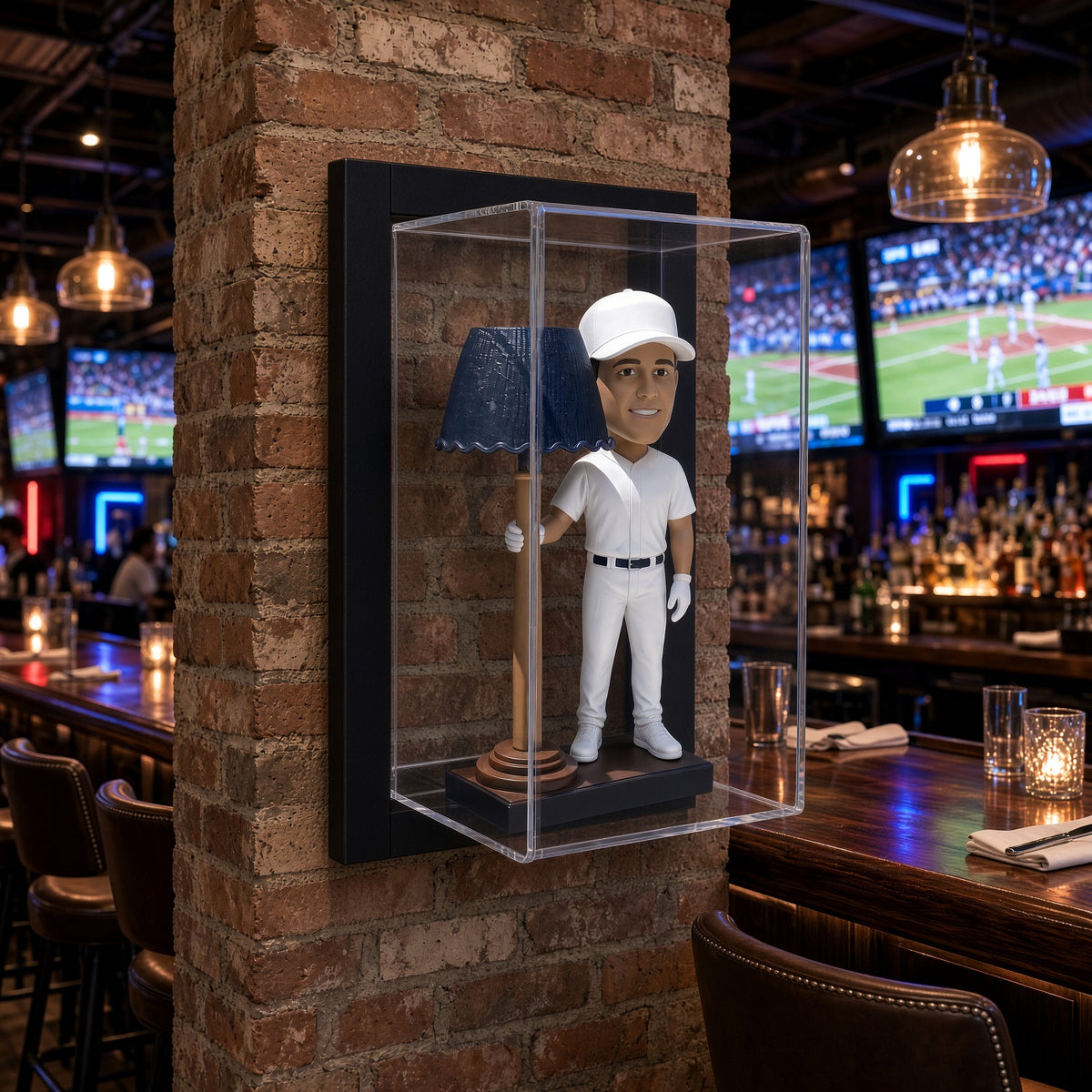 Framed bobblehead display case mounted on a brick wall in a sports bar