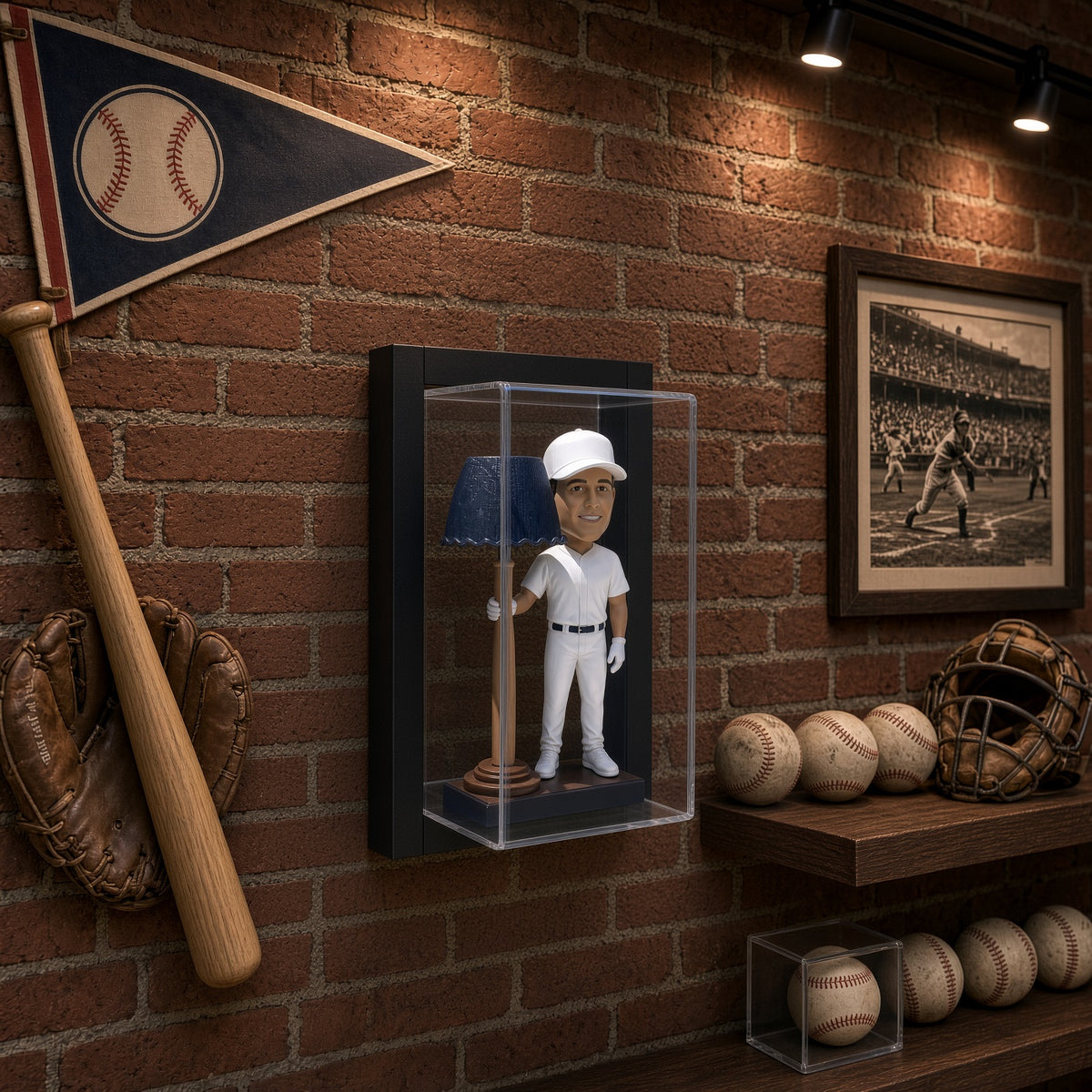 Framed bobblehead case on a brick wall next to a pennant and a shelf of baseballs