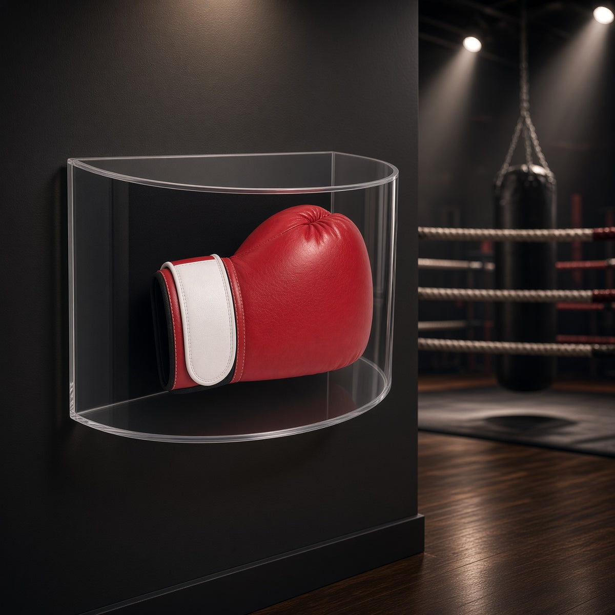 Curved boxing glove case mounted on a dark wall in a boxing gym