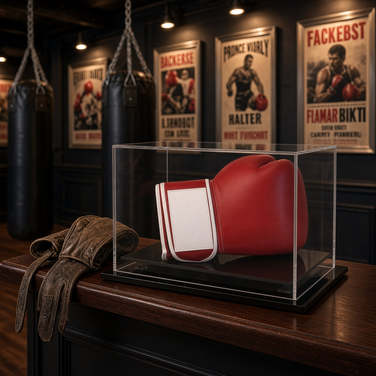 Boxing glove table top case on a shelf in a room with framed fight posters