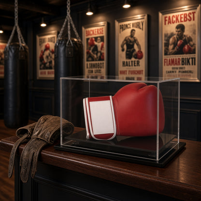 Boxing glove table top case on a shelf in a room with framed fight posters